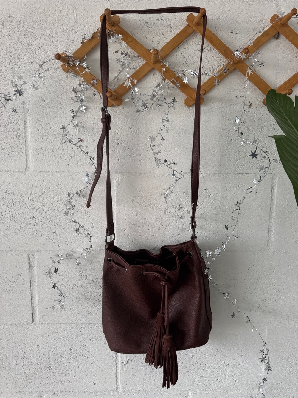 Boho Leather Bucket Bag - Dark Brown Tassel Crossbody - Picture 1 of 8